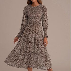 Leopard Long Sleeve Round Neck Smocked Tiered Midi Dress - XL